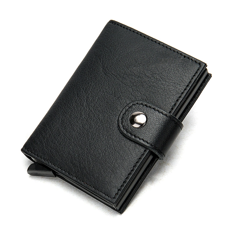 Black Leather Wallet RFID Blocking Aluminum Automatic Pop up Credit Card Holder