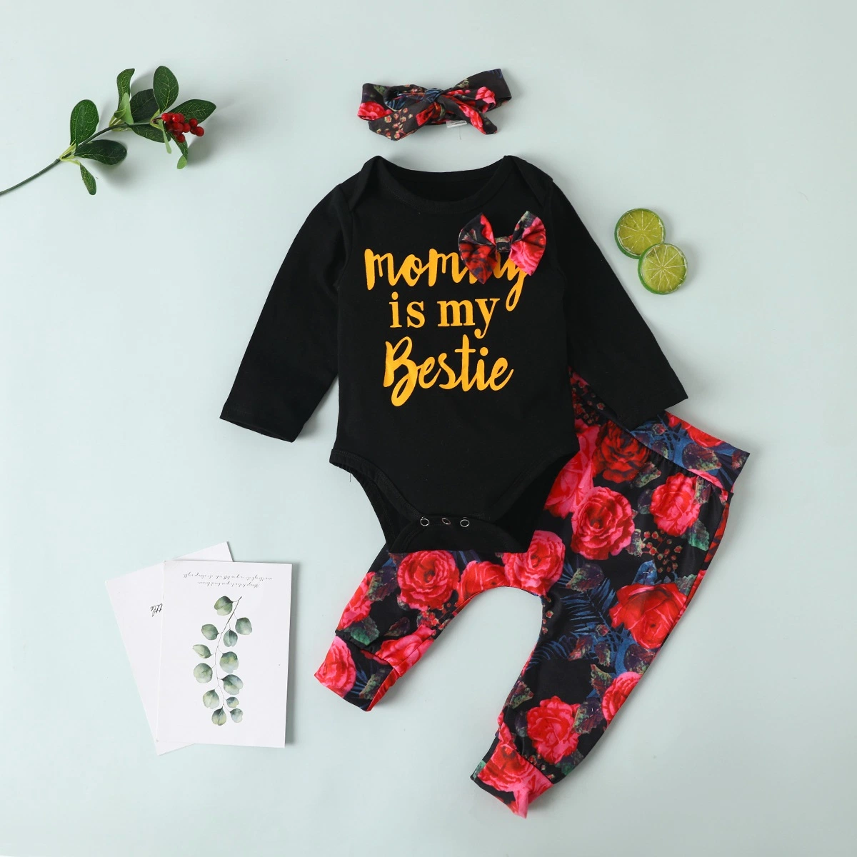 Baby Girls Clothes Newborn "Mommy Is My Bestie" Letter Print Bodysuit with Floral Pants and Headband Infant Outfits Set Esg16500
