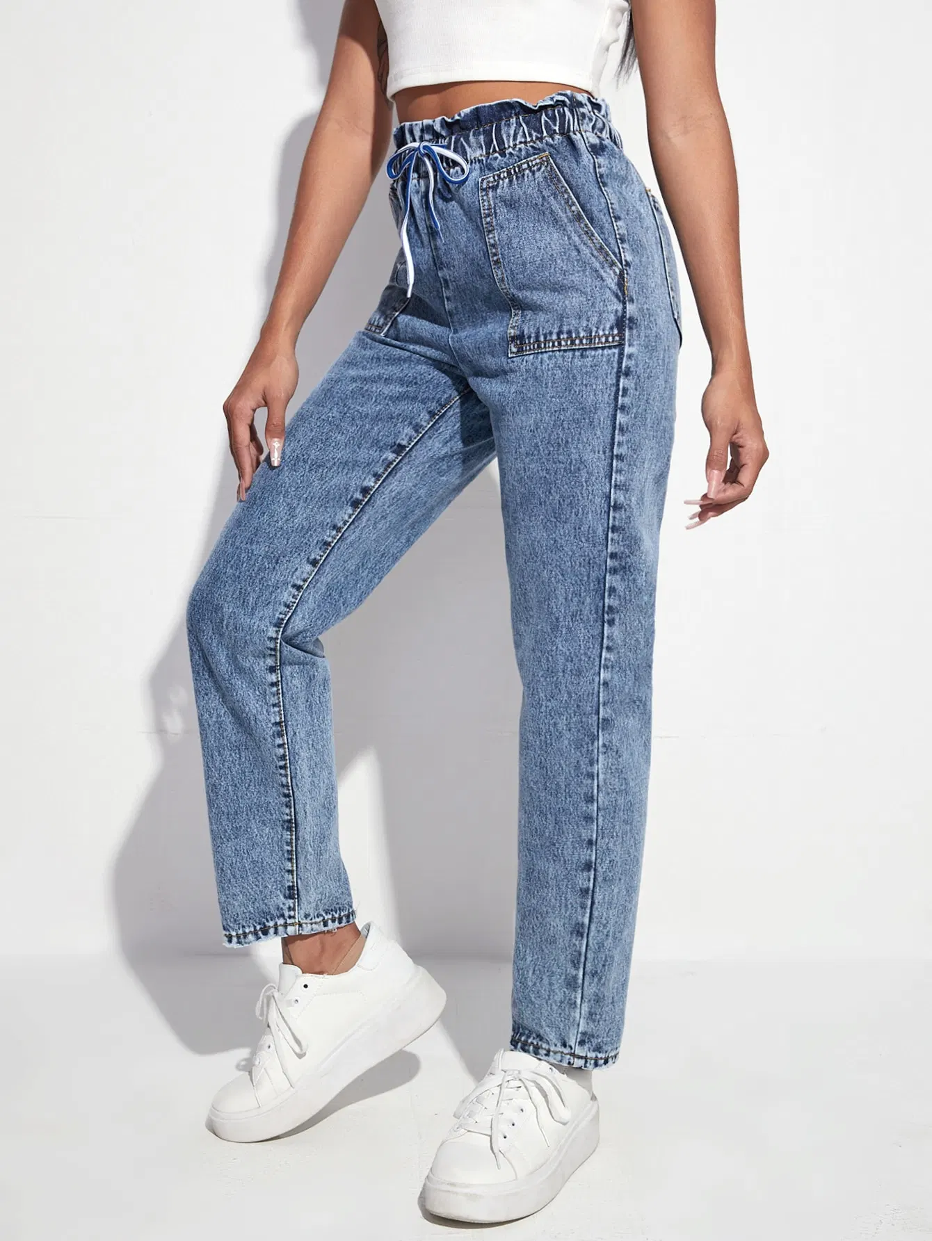 New Fashion Lady Jeans Light Blue Color High Waisted Stretch Cinturilla de elastán de calidad con jeans con bolsillo delantero con estera y parche
