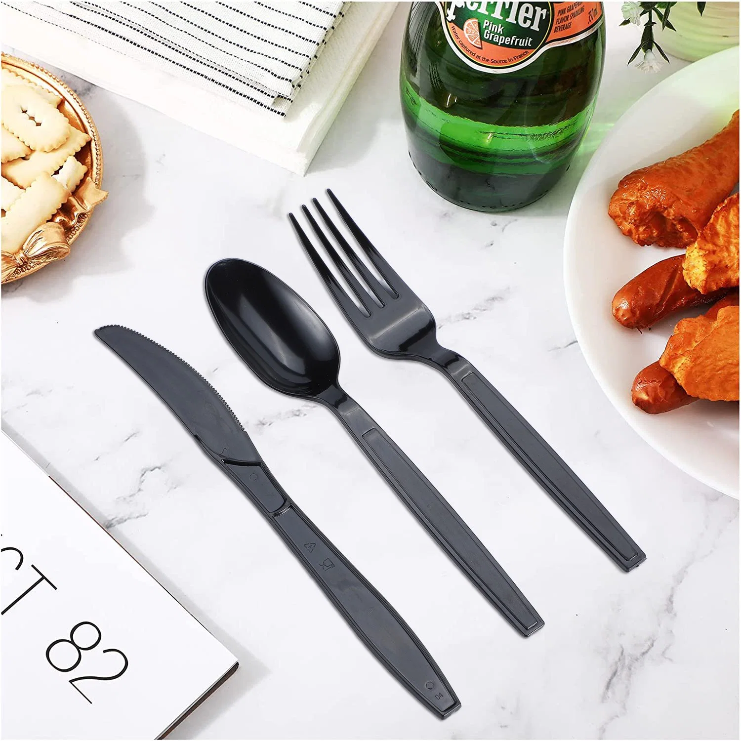 Disposable PS Knife Fork Spoon and Napkin in 1 Poly Bag Black Color Plastic Cutlery Set