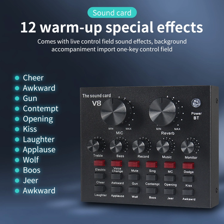 Tarjeta de sonido Equipo de podcast Estudio en vivo Interfaz de sonido Grabación Tarjetas de sonido PC-V8 Compatible con Android