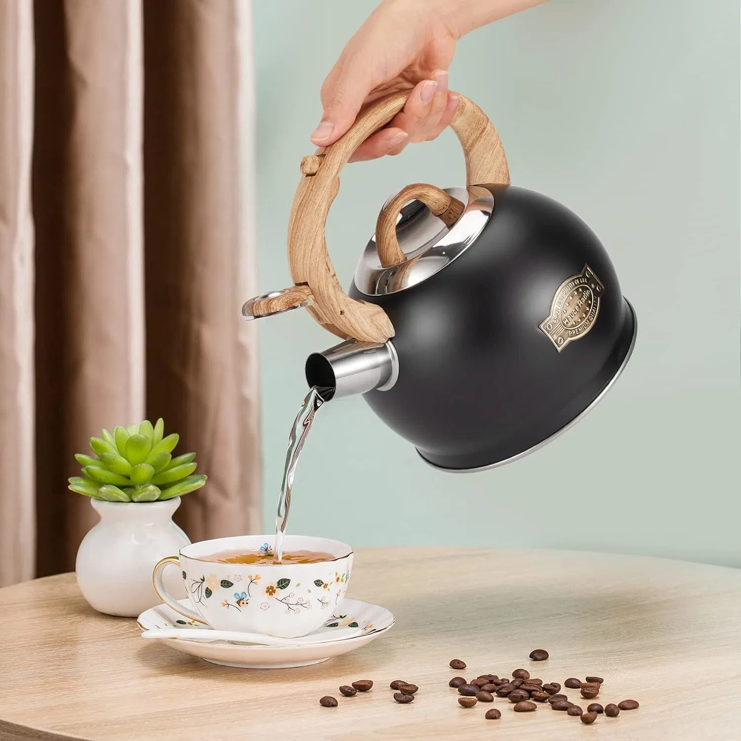 Cocina Hervidor de té en diferentes colores - Silksilble Teapop Teapot de acero inoxidable con mango de patrón de madera, exclusivo botón de control de toma de la hervidora