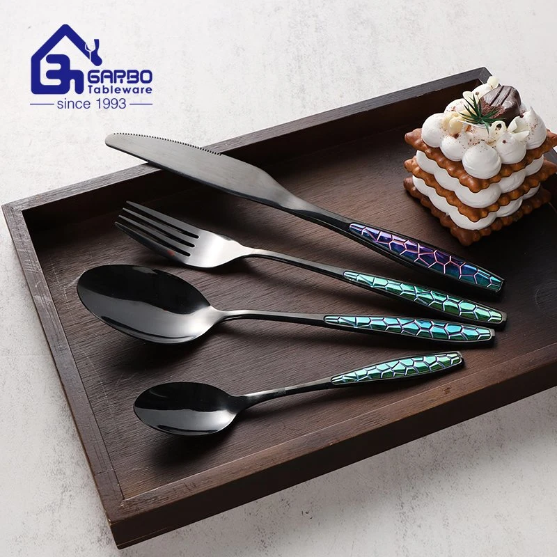 Black Gold New Cutlery Set Embossed Marble Stainless Steel Flatware Spoon Knife Fork Gift Set for 6