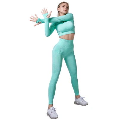 Ensemble de yoga sans couture pour femmes, vêtements de sport de gymnase, leggings de fitness + hauts courts, tenue de sport pour femmes, survêtement à manches longues, tenue de sport active.