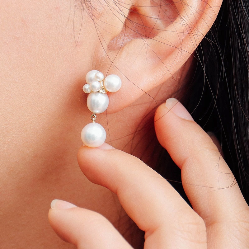 Freshwater Pearls Earrings Round White Color Pearls in 18K Real Gold Elegant Drop Earrings for Women