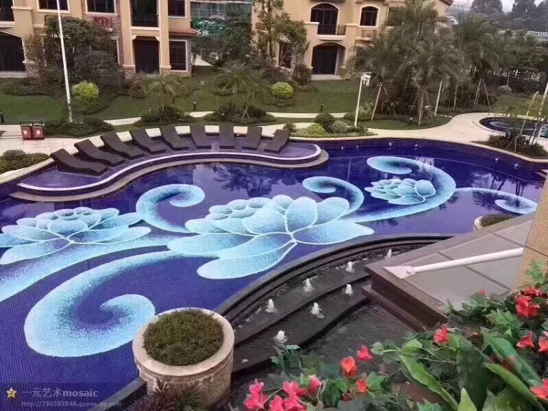 Mosaico de vidrio azul personalizado para la Piscina del Hotel