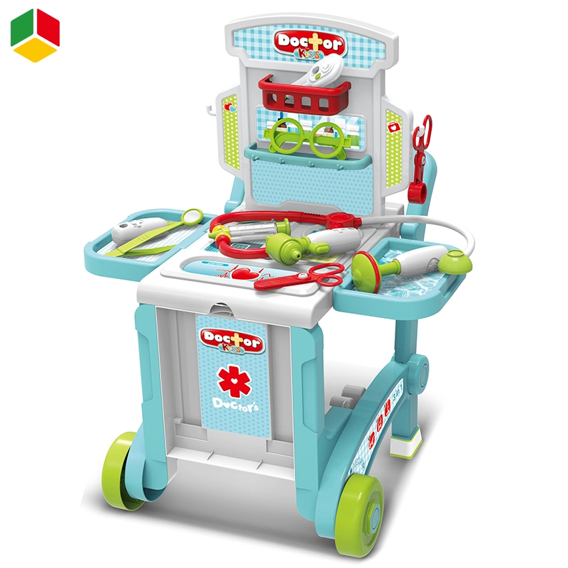 QS Educational New Arrival Preschool Doctor Cart Play Set Kids 3 in 1 Funny Medical Tool Trolley Doctor Toys with Handbox