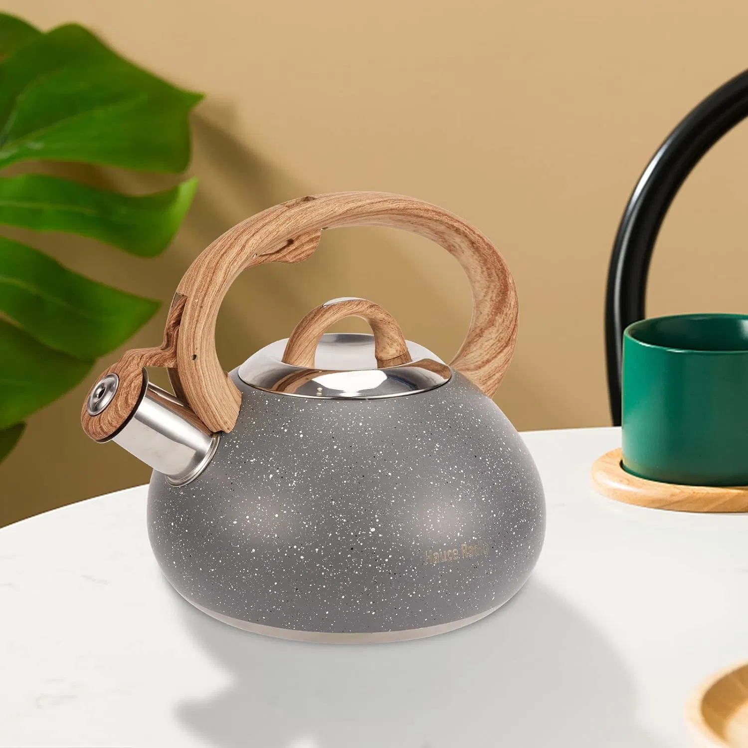 Tetera - silbido de estufa fuerte Teapot hecho de acero inoxidable de calidad alimentaria con mango de grano de madera adecuado para té, café, leche