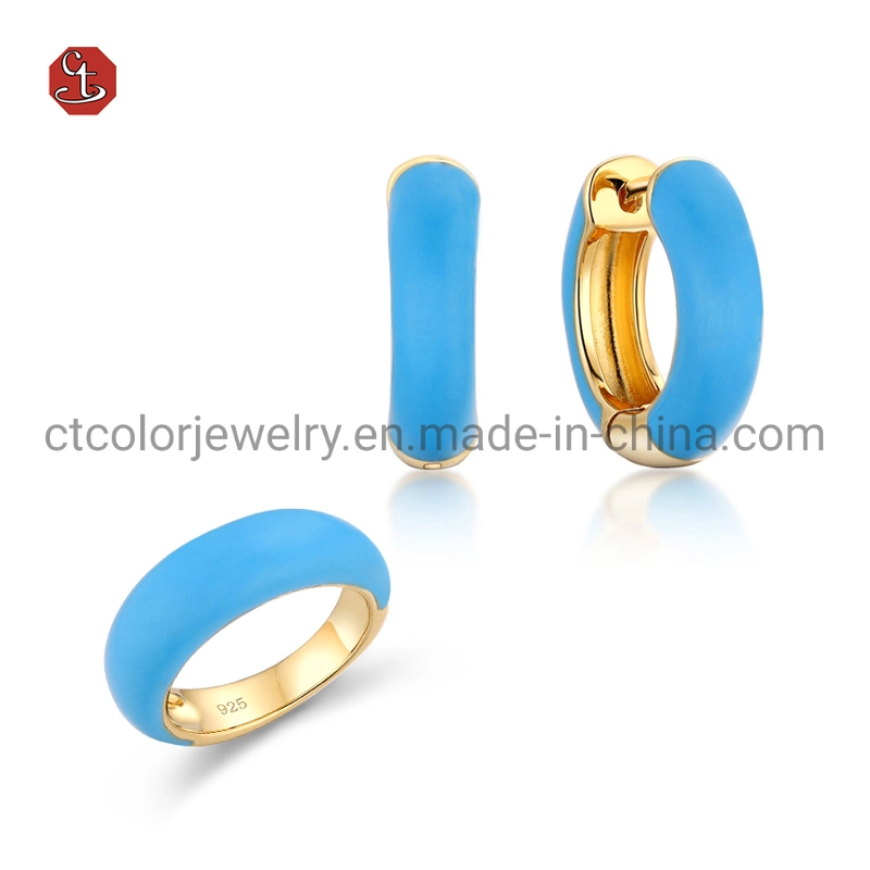 925 Sterling Silver 18k Gold Plated Blue Enamel Circle Hook Earrings Jewelry