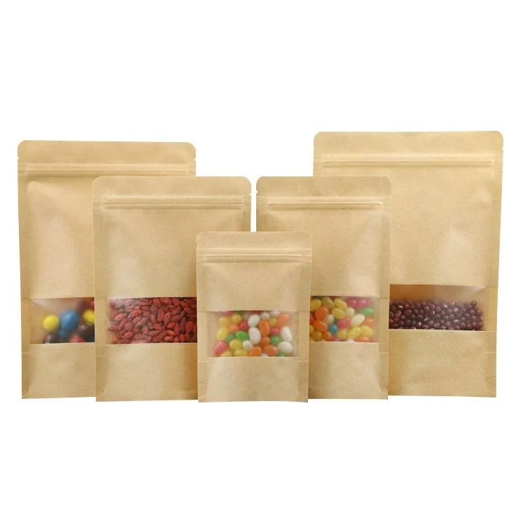 Ziplock Brown White Kraft Craft Paper Standing up Pouches Food Packaging Zipper Bags with Window