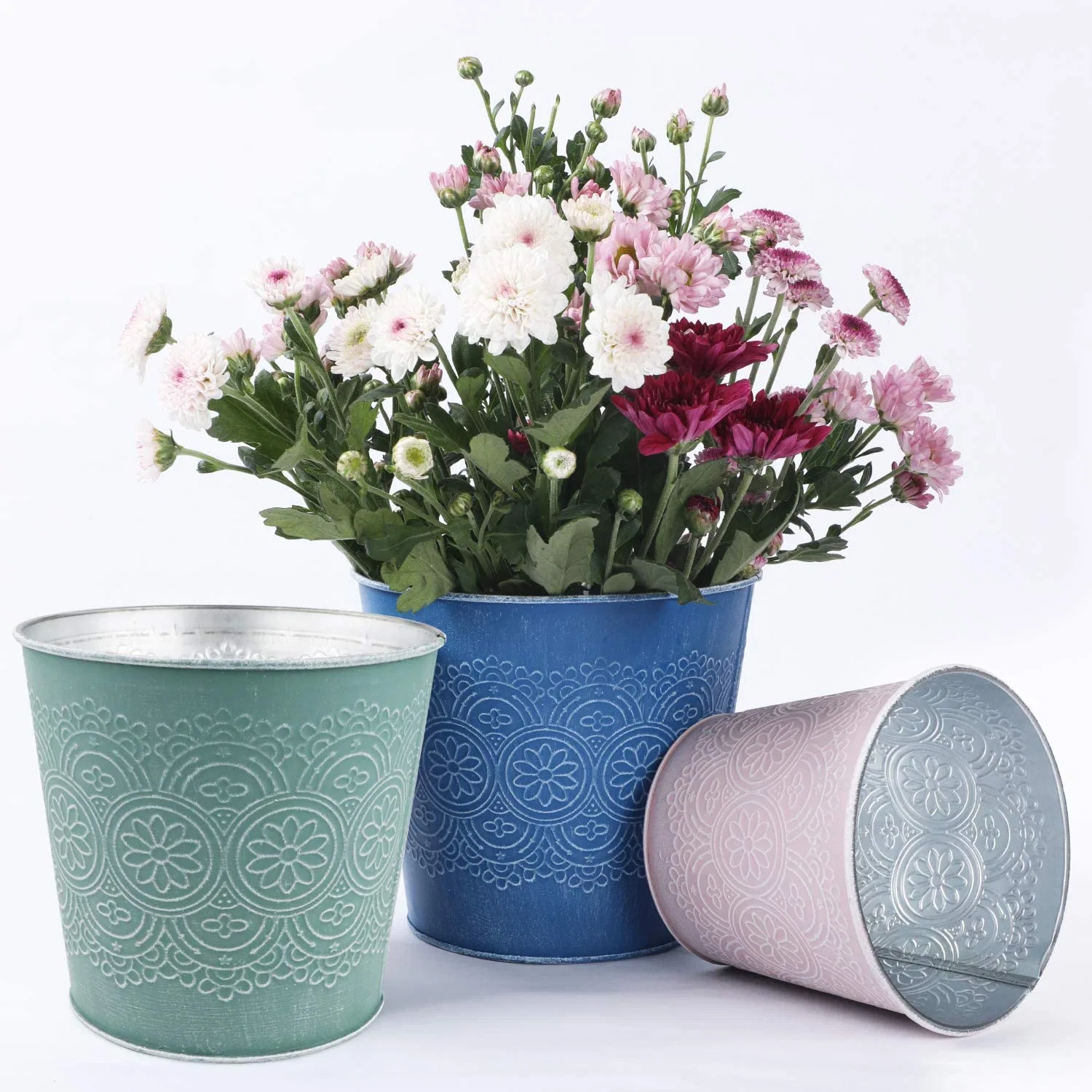 ENSEMBLE de pots à fleurs DE 3 PIÈCES Panier de plantes pour jardinières intérieures extérieures Récipients en métal avec motif rétro fleuri