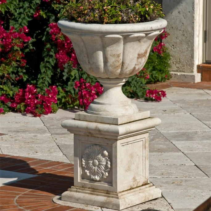 Beige Marble Honed Round Custom Made Classic Garden Ornament Planter with Square Base