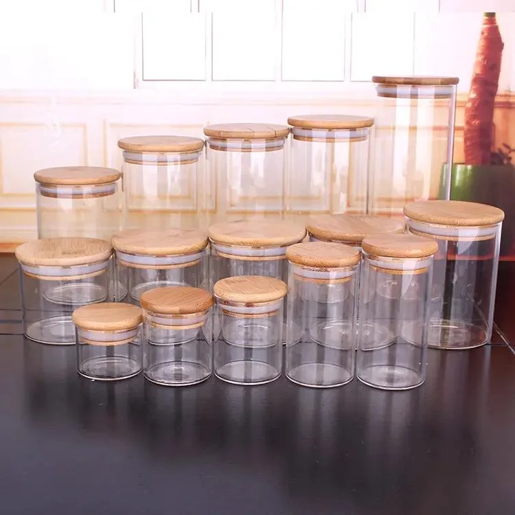 Wholesale/Supplier Empty High Borosilicate Round 50ml 250ml 450ml 1000ml Multi Size Spice Glass Jar Container with Bamboo Wooden Lid