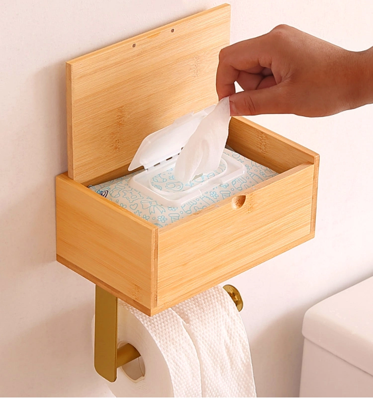 New Product Toilet Paper Tissue Towel Holder Wall Mounted Bamboo Storage with Stainless Steel Roll Paper Holder