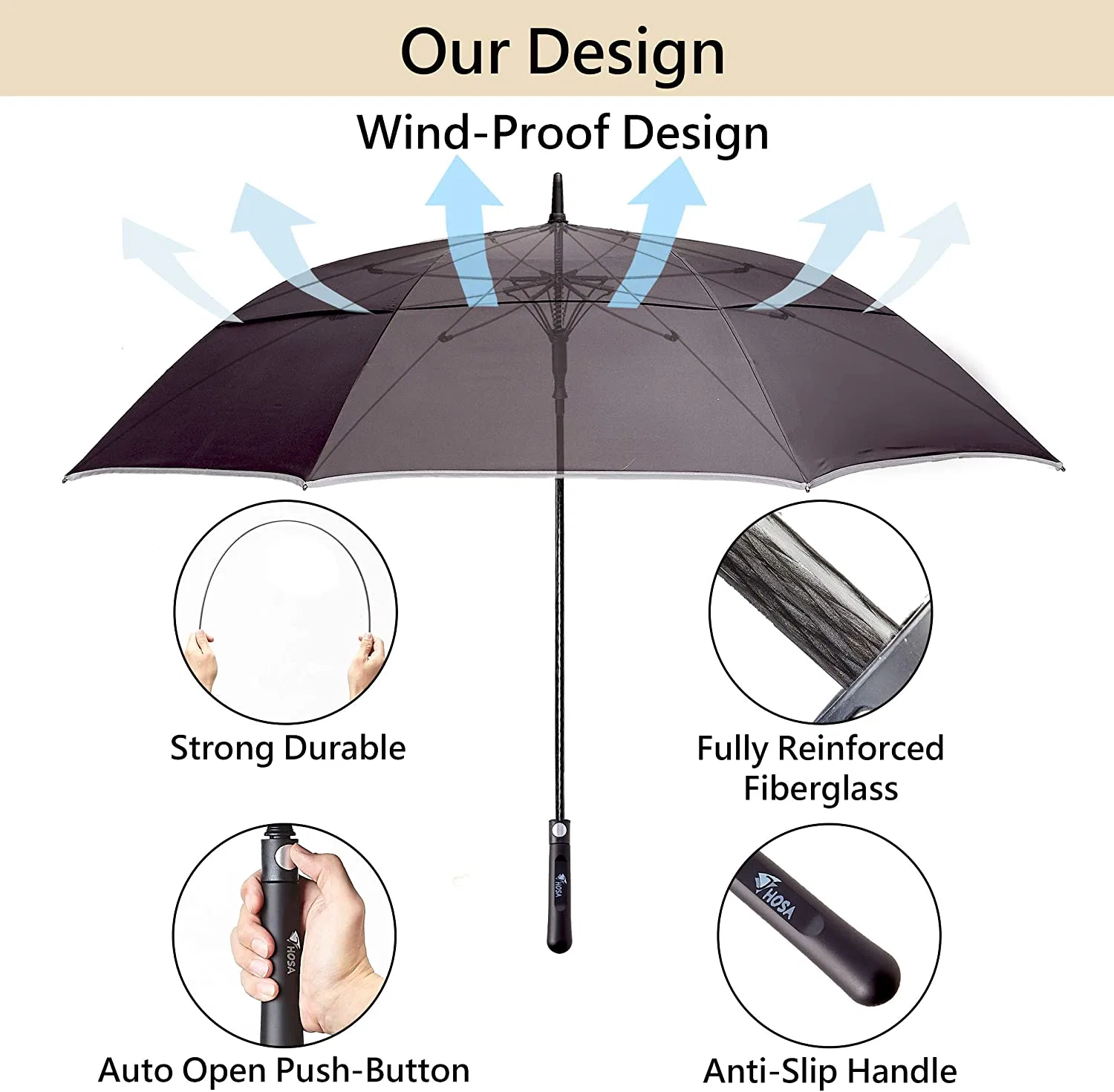 Auto Open Large Golf Umbrella Fully Reinforced Fiberglass Ribs Night Safety Reflective Strip Windproof Waterproof UV Protection Anti-Slip Handle (Black 54-inch)