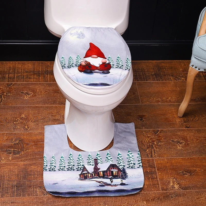 2 PCS Christmas Dwarf Santa Toilet Seat Mat and Anti Slip Bathroom Mat Green and Blue Bathroom Xmas Decoration for Home Hotel Party