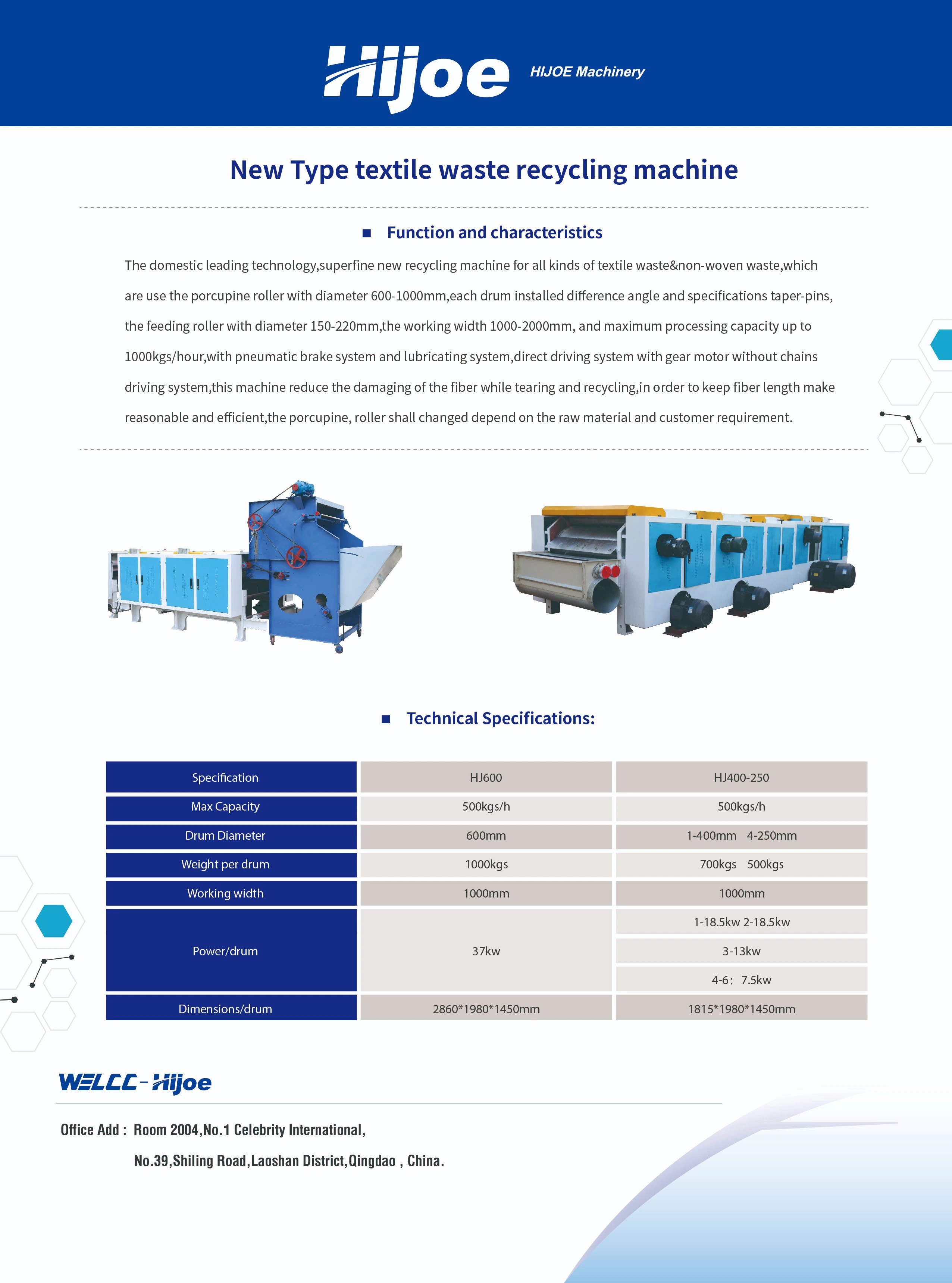 Long Warranty Textile Waste Recycling Machine with Good Metallic Roller