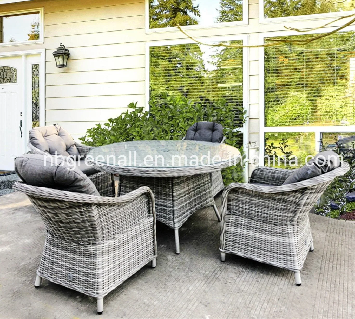 Moderne Outdoor Runde Ratttan Wicker Restaurant Esstisch und Stühle Aluminium Rahmen Patio Gartenmöbel für Hotel