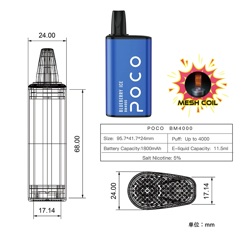 Poco BM4000 Vape descartáveis Pen 11,5ml suco Vape Pre-Filled Bobina de malha Vape grossista 0/2/5% Nic fornecimento fábrica OEM