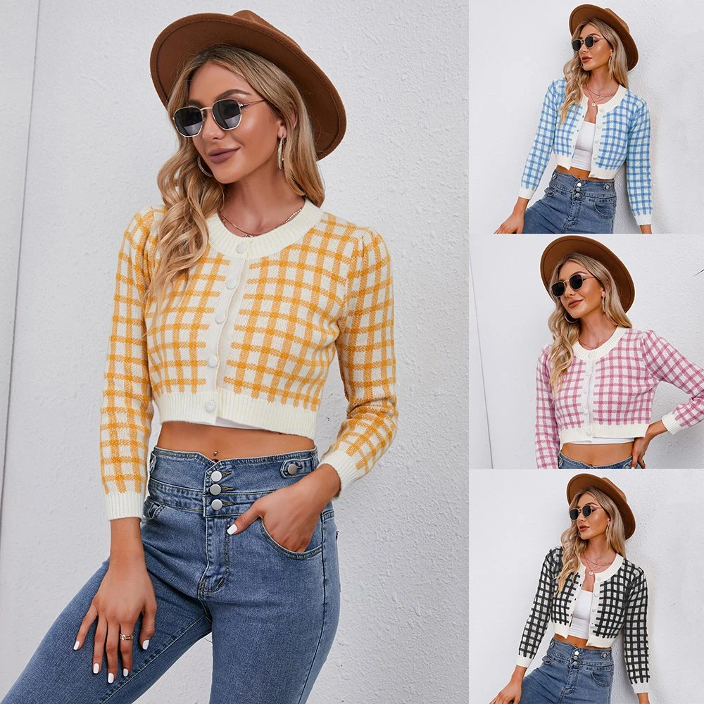 2023 Plaid Print Short Long Sleeve Fashion Reitted Cardigans para mujer Suéteres