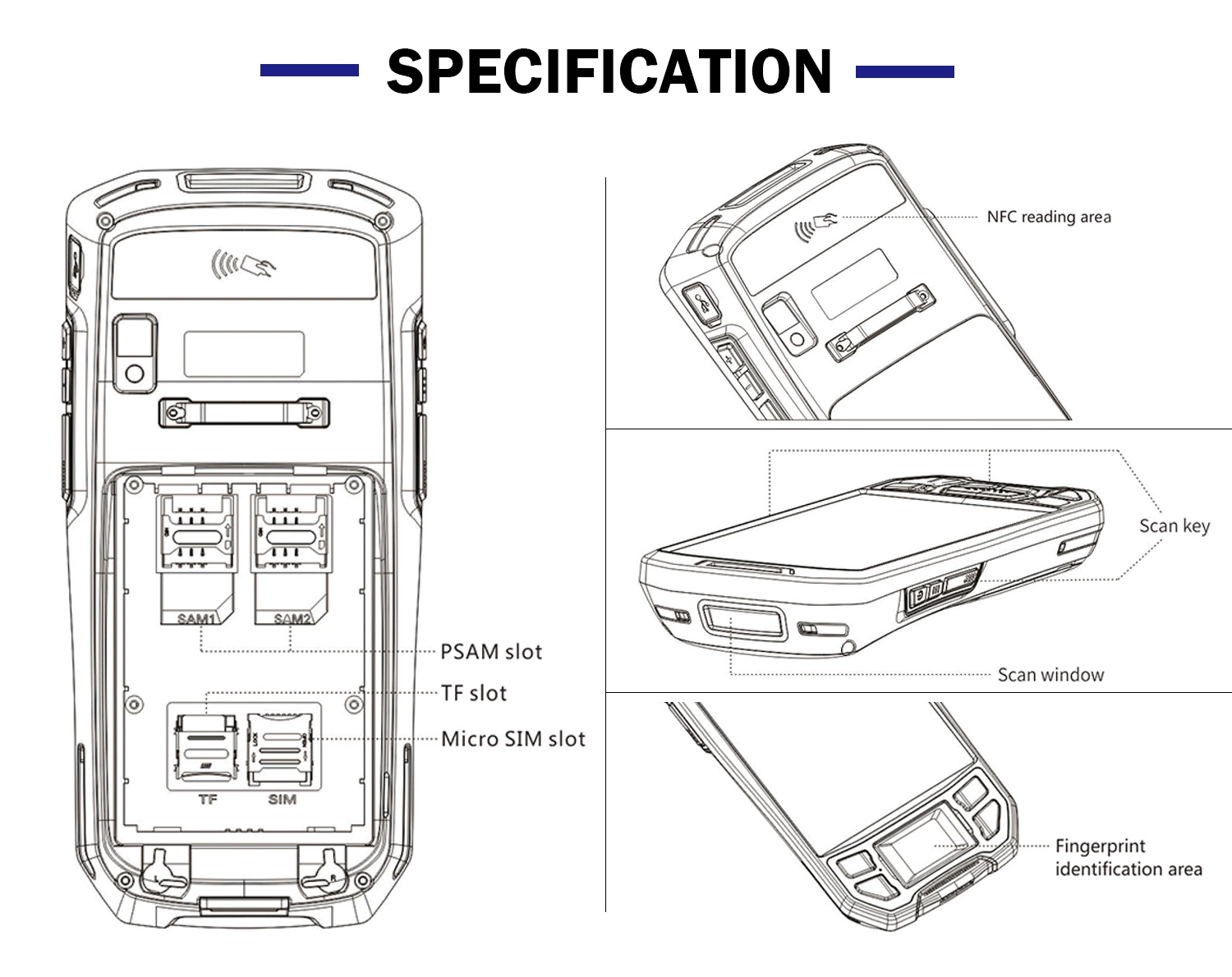 Teléfono inteligente lector RFID Handheld PDA con Bluetooth cámara WiFi de huellas digitales