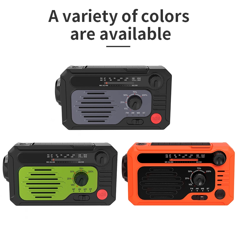 Emergency Weather Radio Portable Mobile Power with Solar Charging, Hand Crank and Battery Power, Sos Alarm and LED Flashlight