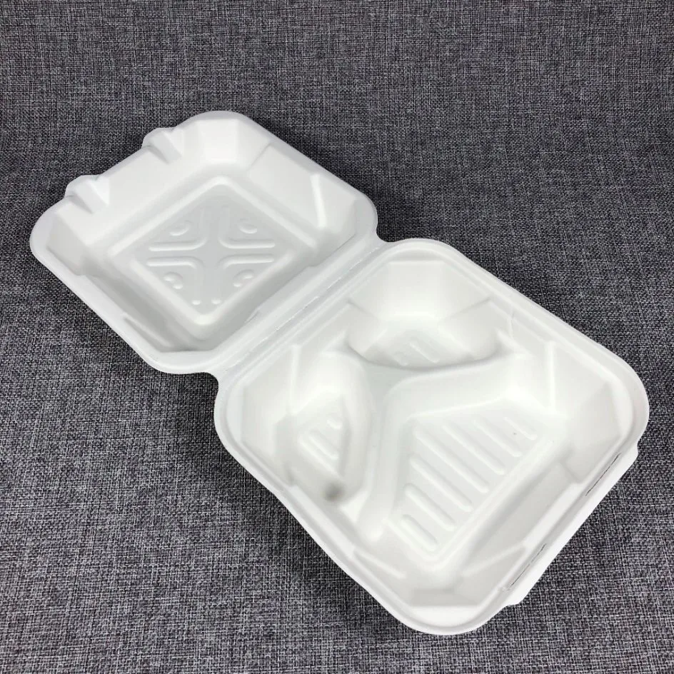 Eco-friendly 100% biodegradable desechable Bbagazo de caña Clamshell Pulp Utensilios de mesa Hamburger Papel almuerzo Bento Box