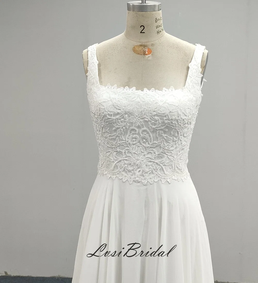 0078 Square Neckline Lace with Chiffon Wedding Dress Long Train Direct Production of Wedding Dresses by The Factory