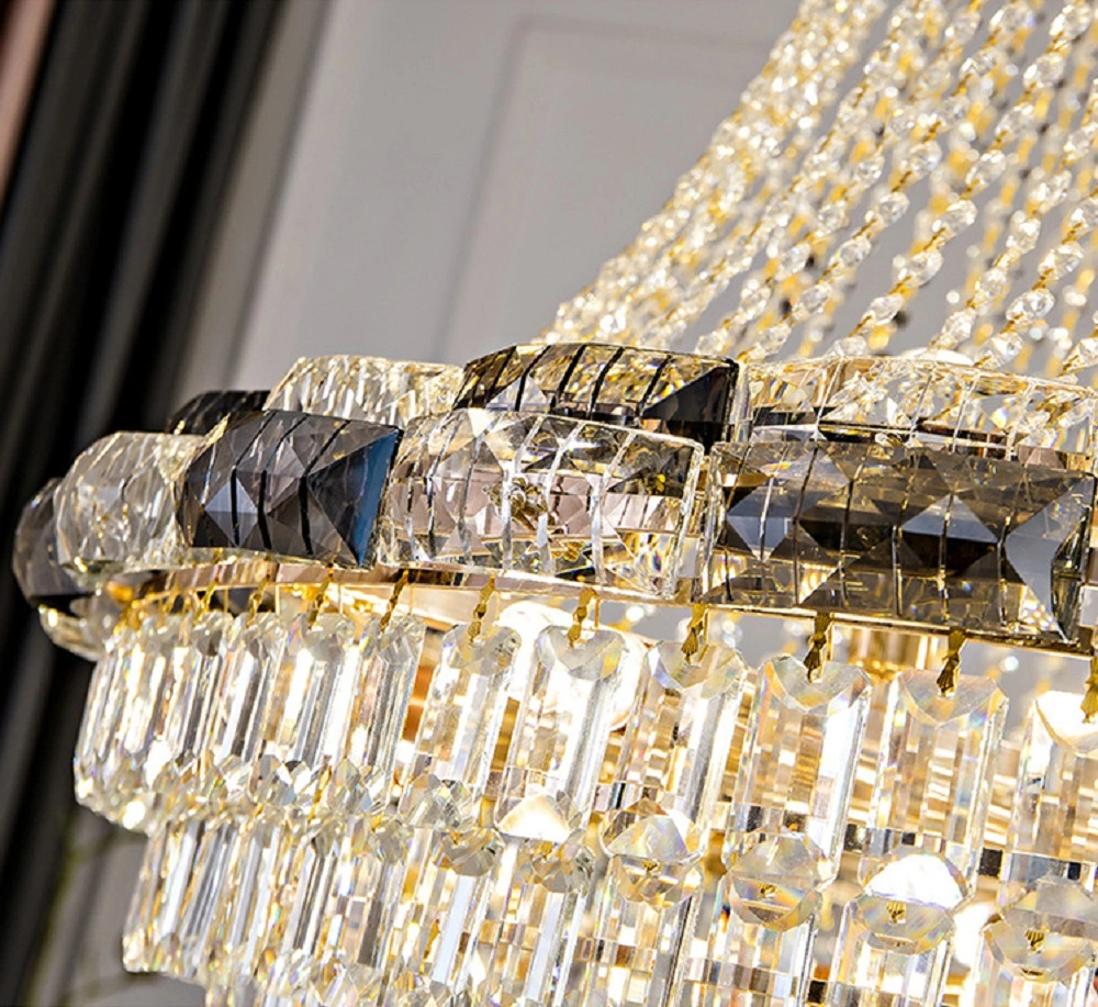 Nouveau décor intérieur Design or Metal Loft Villa lustre grand Grand lustre LED de luxe pour foyer, cristal pour plafond haut