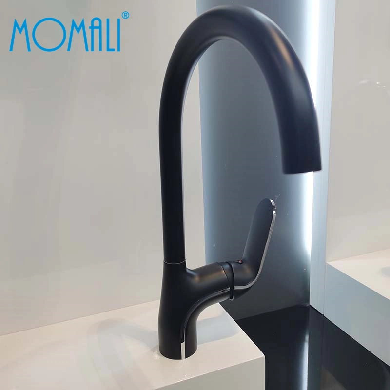 Momali Home Kitchen Vertical Tap Mixer Black Brass High Bend Deck Mounted Kitchen Faucet