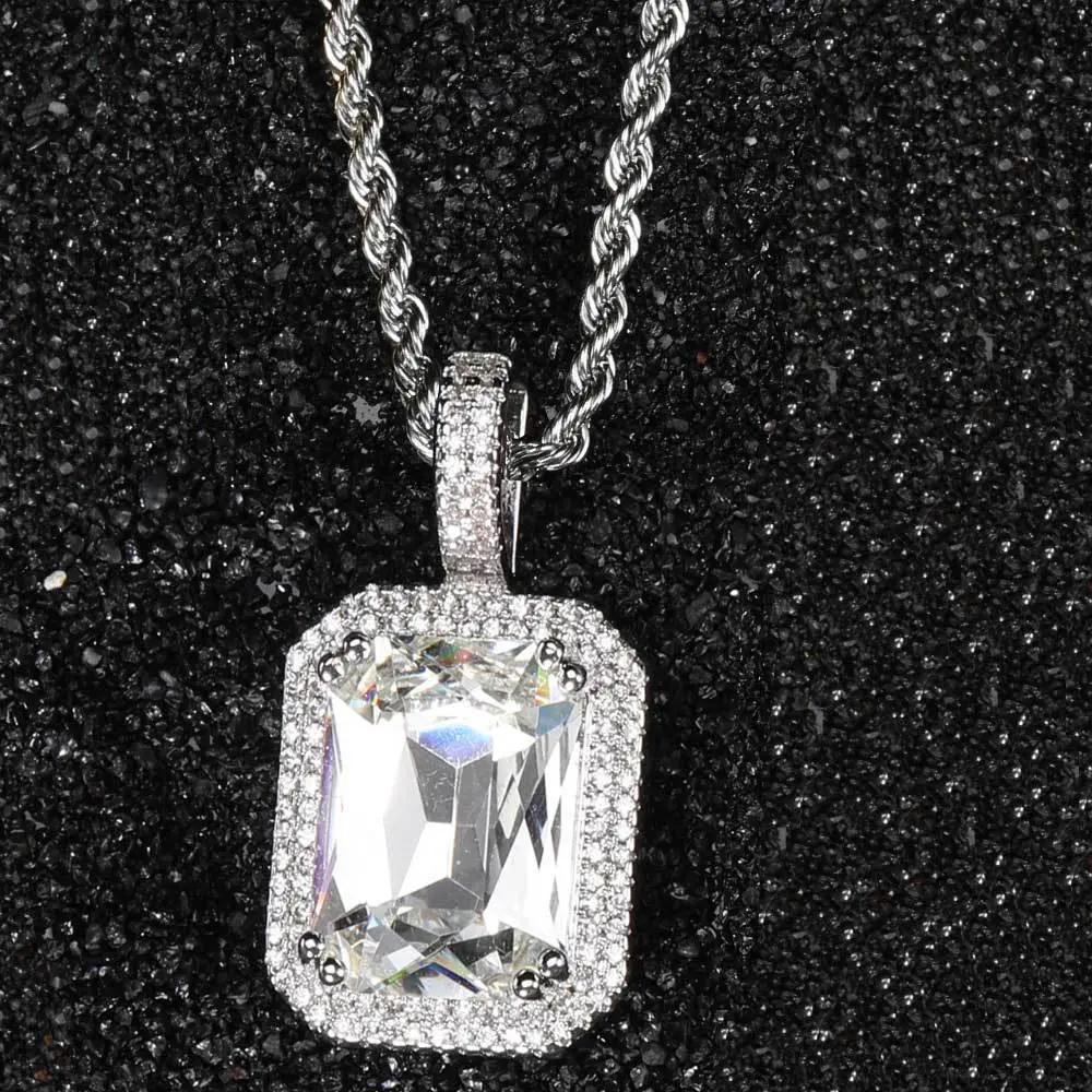 Solid Square Zirconia Pendant Full of Diamonds with Large Colored Stones Necklace