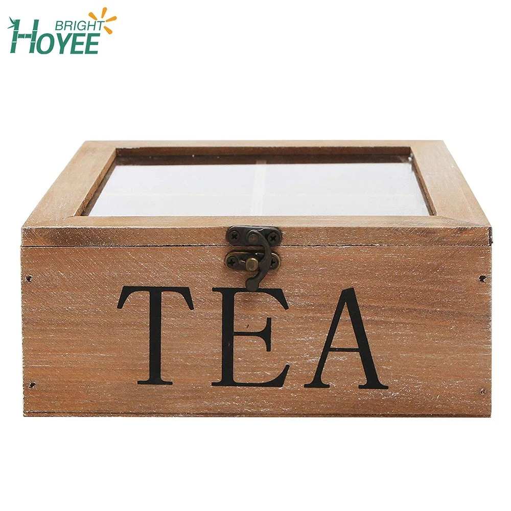 Caja de té de madera rústica barata con tapa transparente marrón