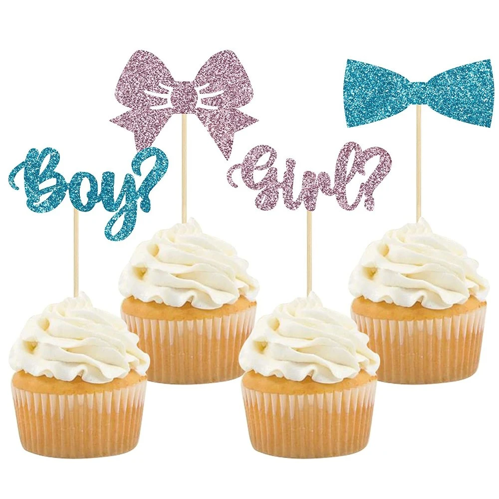 36PCS Boy or Girl Cupcake Toppers Glitter Bow Tie Baby Shower Cake Topper Decorations for Kids Birthday Gender Reveal Party Cake Decorations Supplies