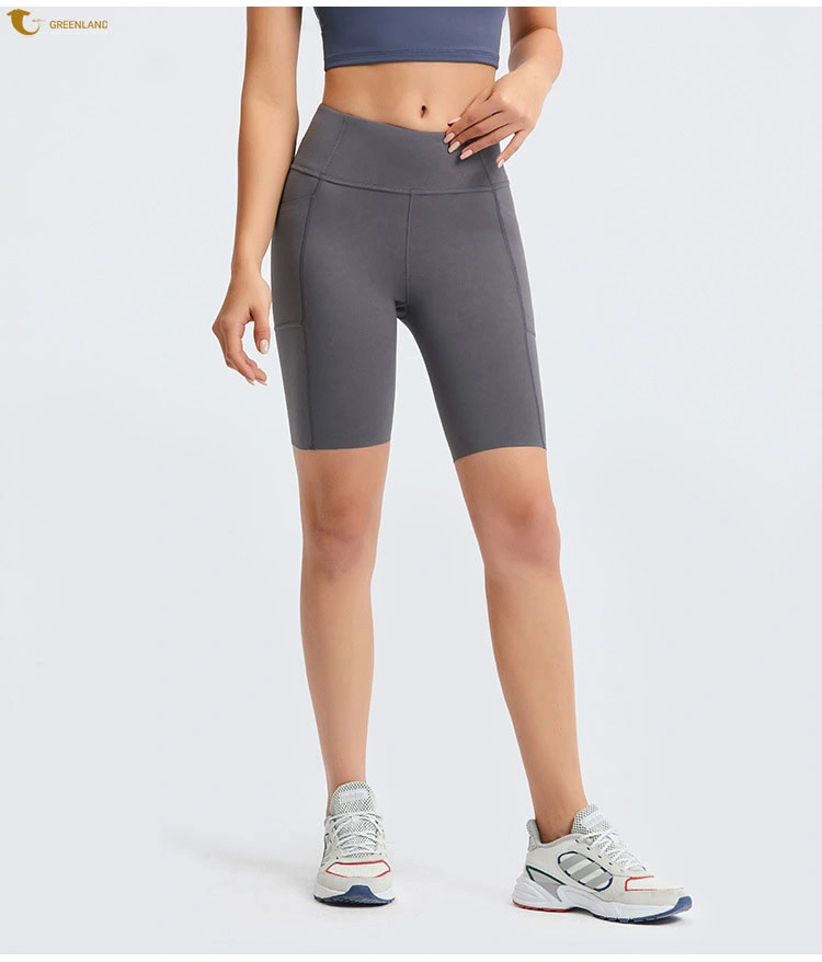 2022 Neue Einfarbige Seitliche Taschen Viertel Damen Yoga Hose Gebürstete Sportshorts