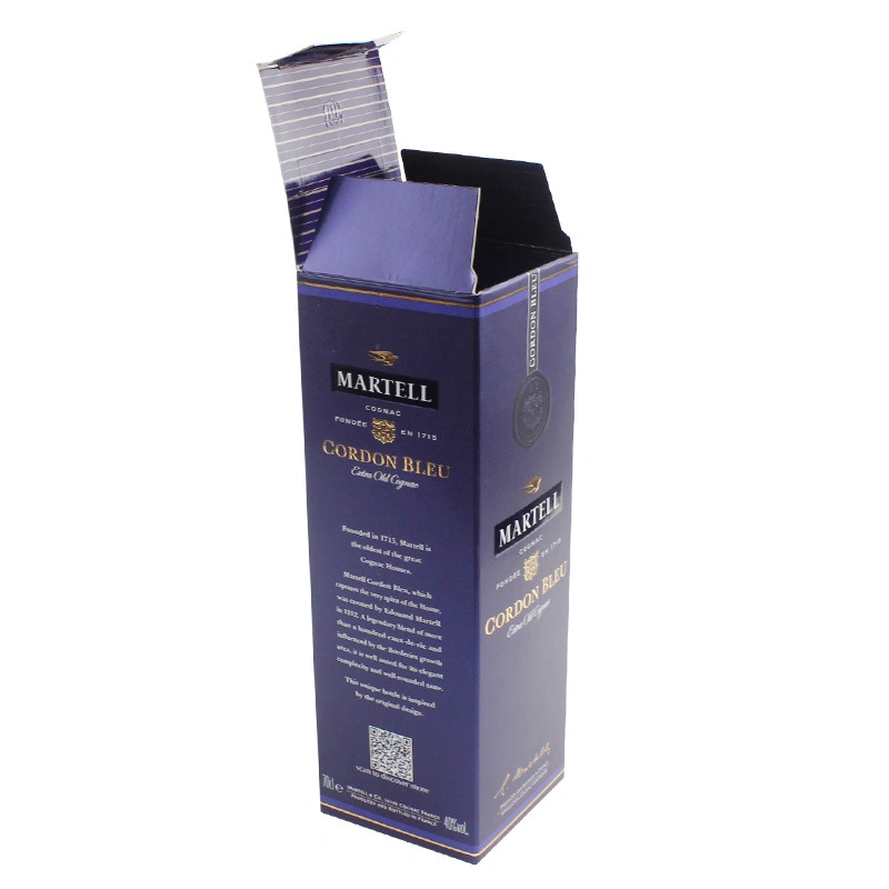 Boîte en carton argenté double face imprimée en violet, emballage de luxe pour bouteille de parfum.