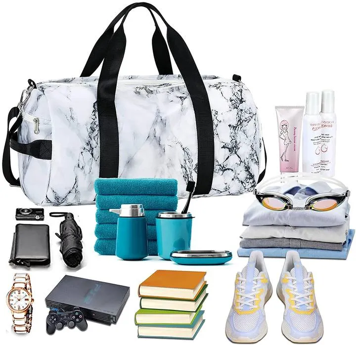 Sport Gym Duffle Travel Bag for Men Women Duffel with Shoe Compartment Wet Pocket Marble White