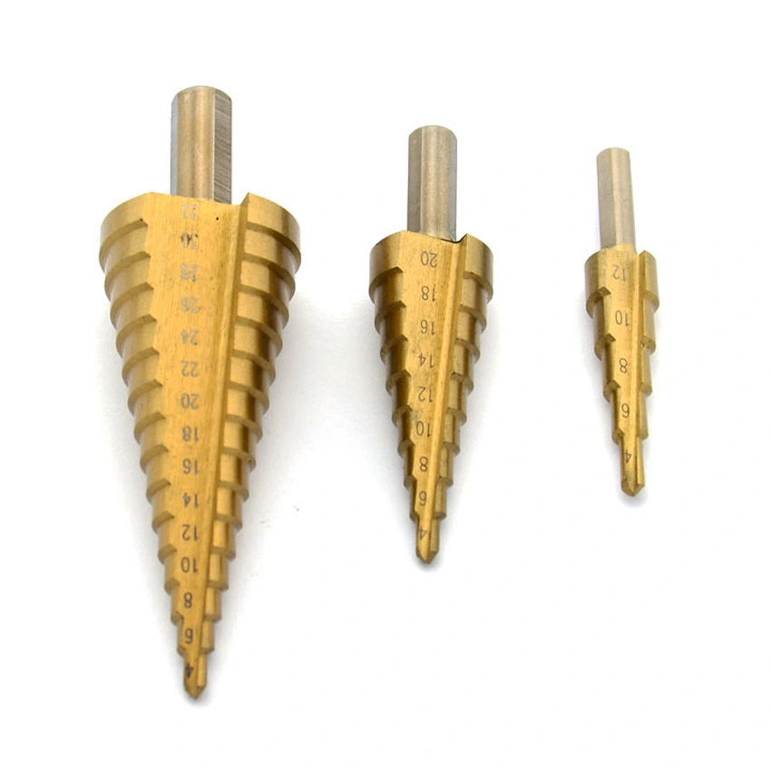 3PCS aço HSS Cone Passo Perfure o orifício de bits de titânio de corte com três hastes planas