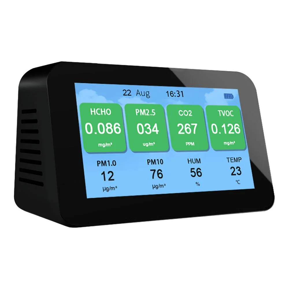 10 in 1 Air Quality Monitor Hcho CO2 Tvoc Pm2.5 Pm1.0 Pm10 Aqi Temp & Humi Detector with Alarm and Rechargeable 3000mAh Battery