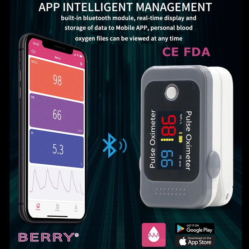 Berry Fingertip Pulse Oximeter Portable Oxygen Saturation SpO2 Heart Rate Meter LCD Saturometro FDA CE Bluetooth APP