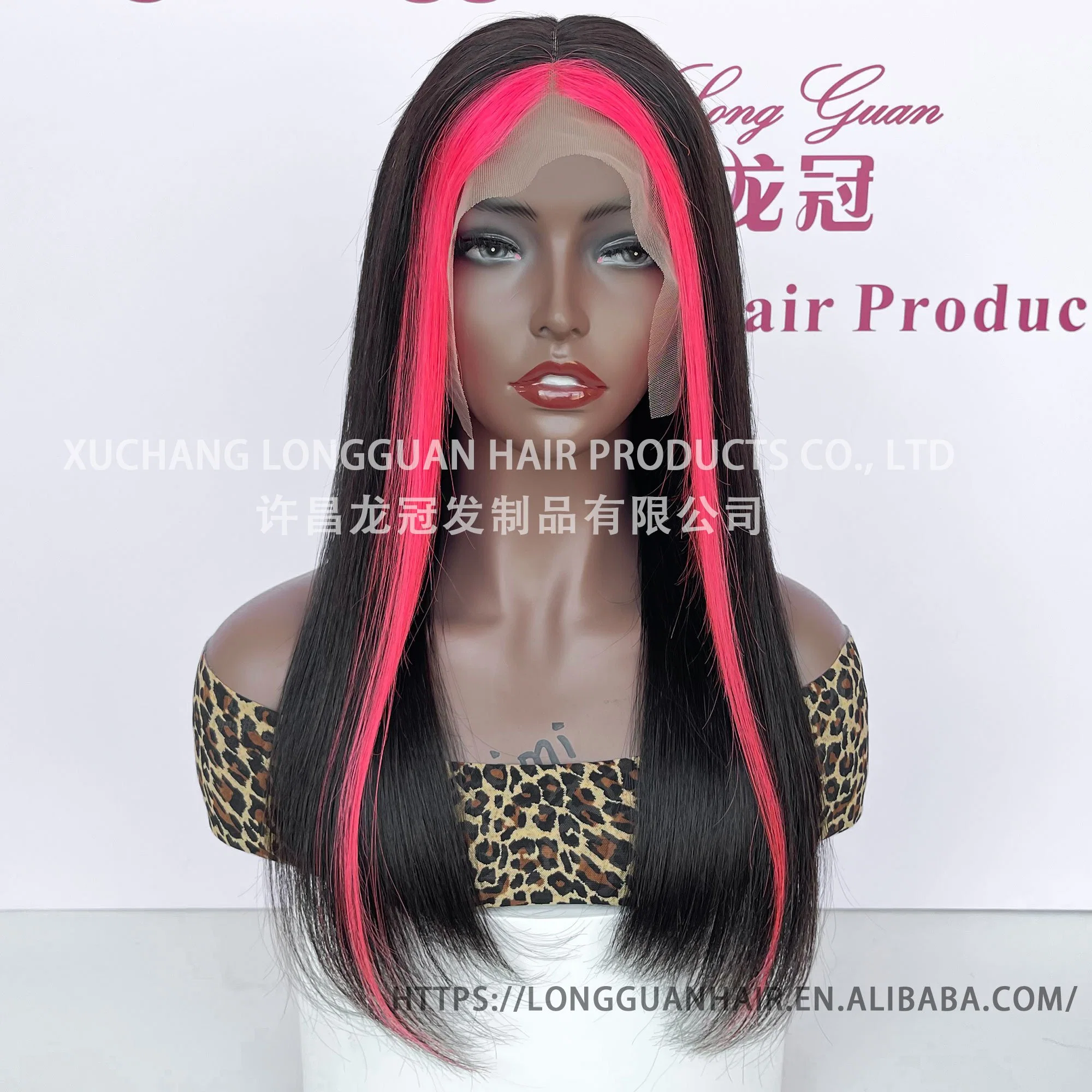 Human Hair 20-Inch Neonpink#1b# Straight 13X4 Skunk Stripe Lace Front Wigs