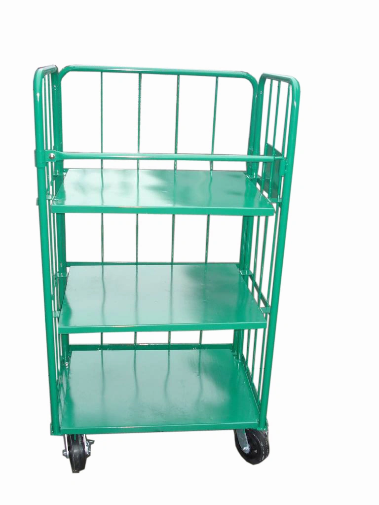 4 Side Roll Container Trolley Cage with Plastic Base and Shelves