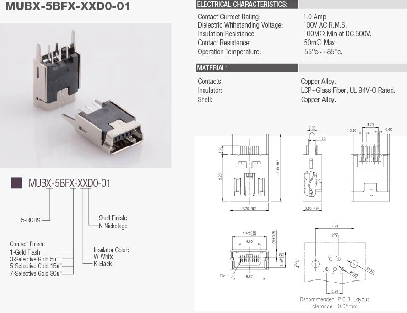 Mini USB B Type Female Verticle DIP Recceptacle Conn