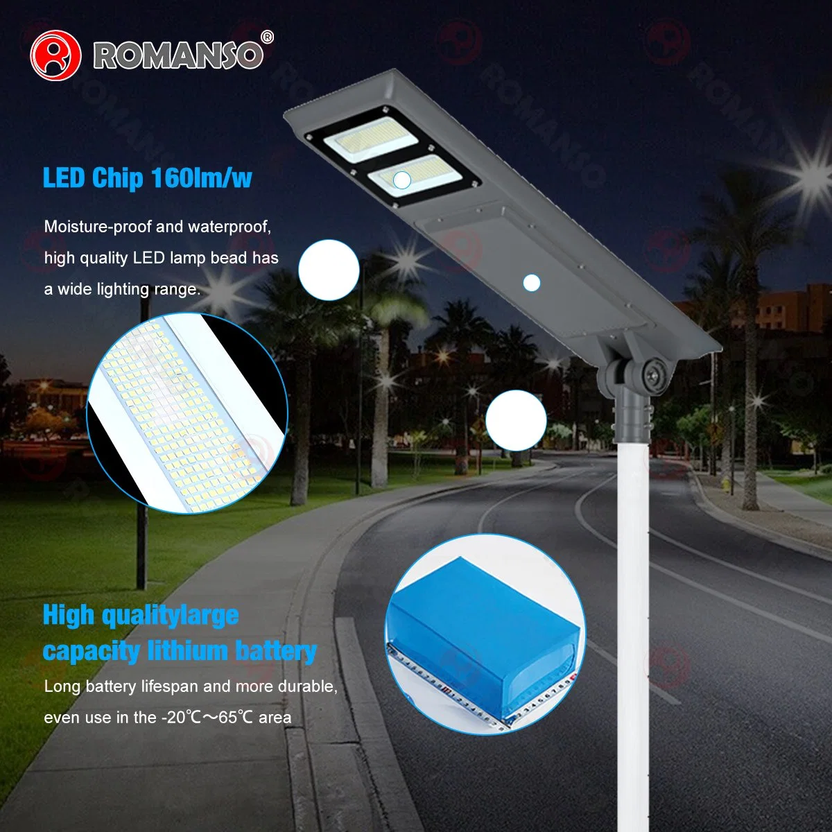 Aluminum CE Approved Romanso or ODM 750*350*100mm Solar Street Light LED