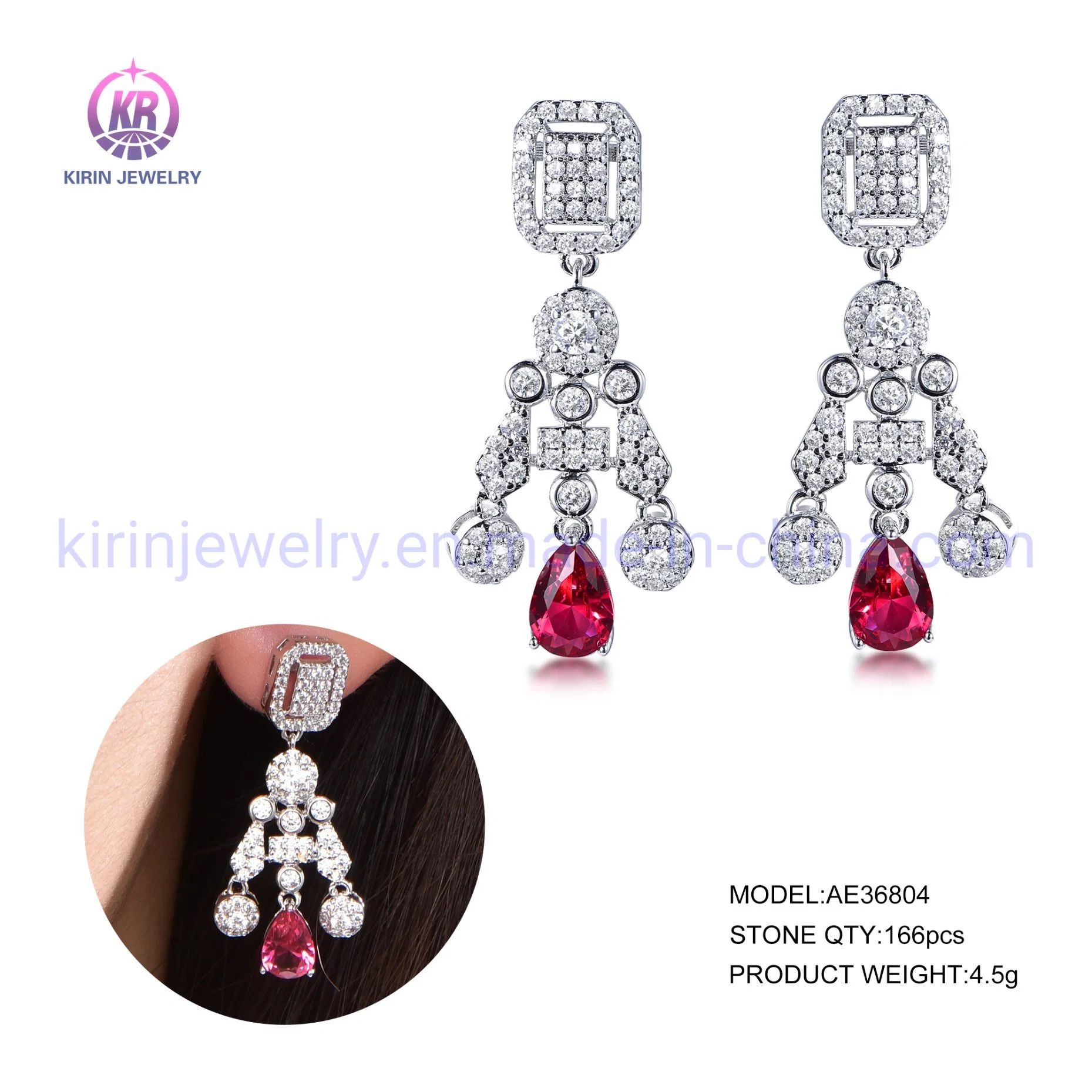 Bohemian Borla Pendientes 5CZ Cubic Zircon aretes en forma de pera Ruby Diamond Drop 925 Aretes de Plata Esterlina