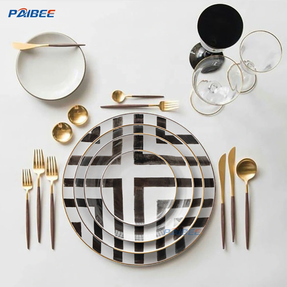 Paibee Cross Road Vintage Dinnerware Ceramic Black and White Fine Bone China Plates Sets