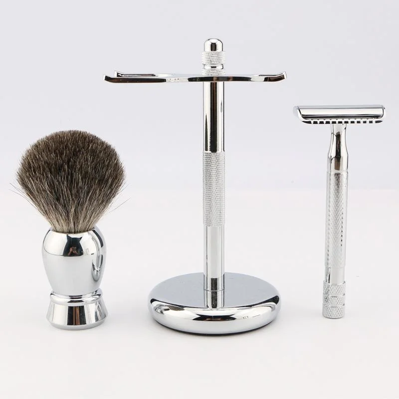 D680 Rts Amazon Hot-Selling Men's Shaving Kit Double Edge Safety Razor with Stand Badger Hair Shaving Brush