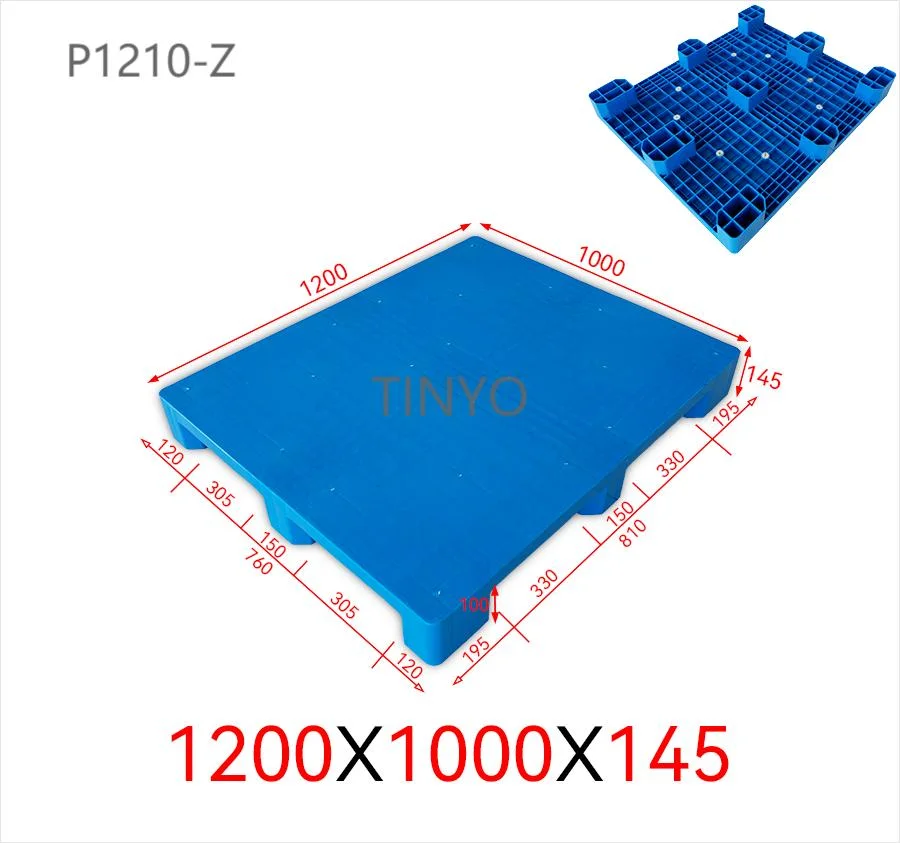 Palette en plastique HDPE PVC recyclé bleu à entrée quatre voies et neuf pieds, avec une face en tablette personnalisée