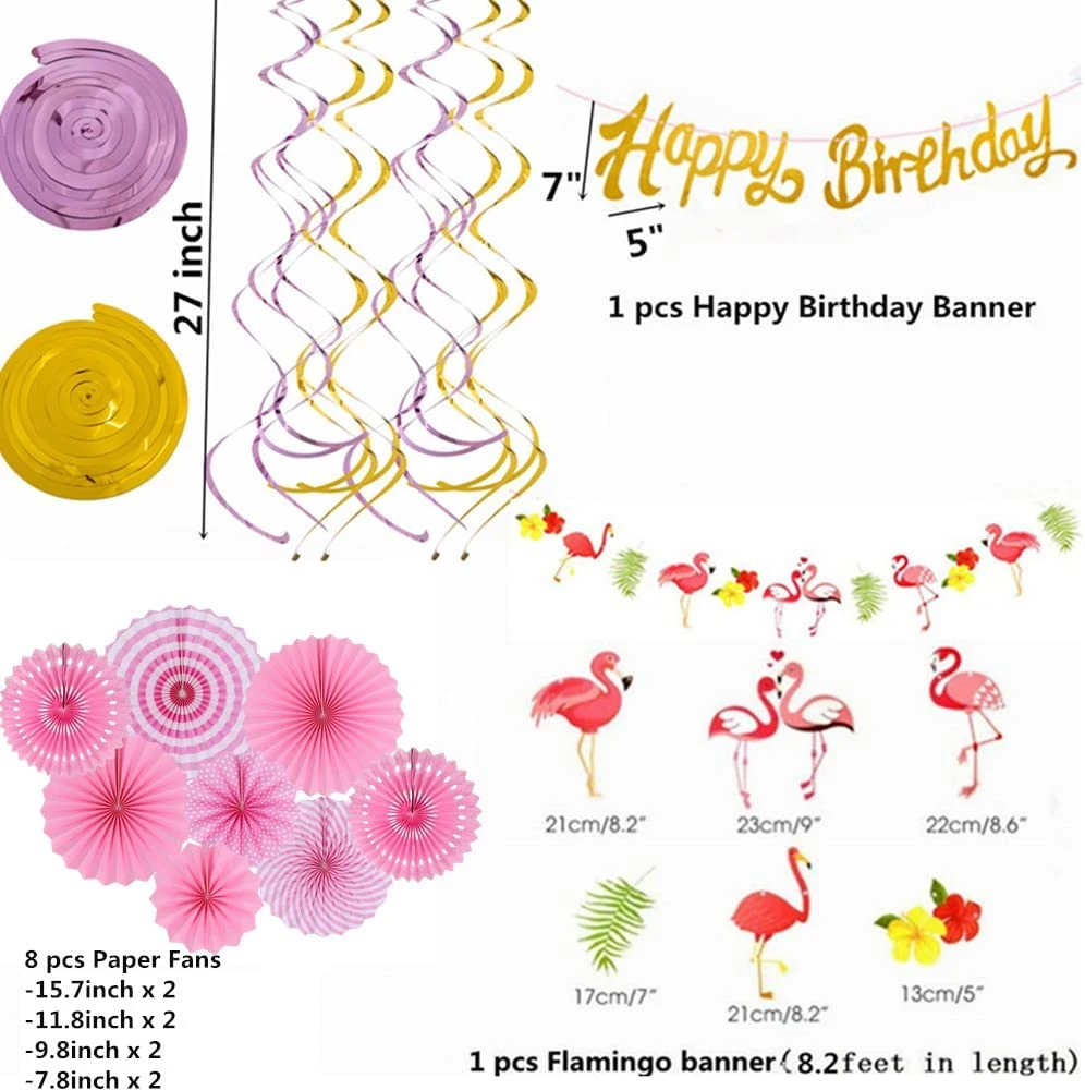 Tropical Pink Flamingo, suspensão de papel cor-de-rosa conjunto de 6, brilhante ouro Faixa feliz de aniversário e coroa Flamingo Flag para bebé de aniversário Chuveiro decoração festa