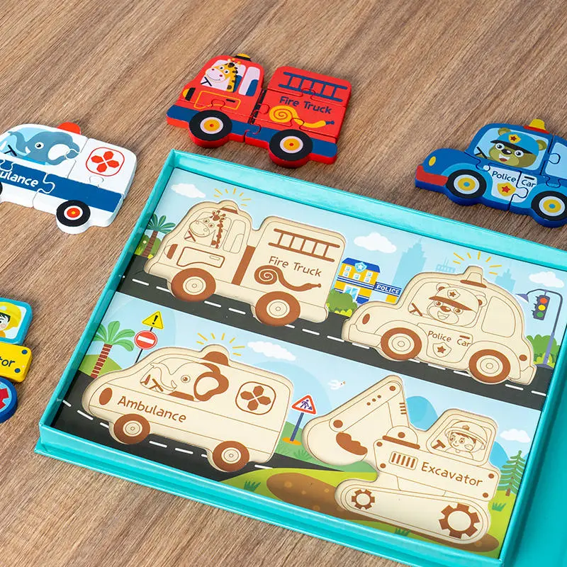 4 in 1 Fahrzeug 3D Puzzle Zeichenbrett Cartoon Bilder Holzspielzeug