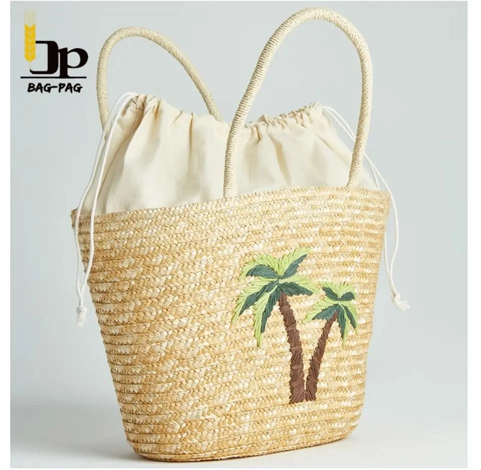 Custom New Design Summer Handmade Cheap Coconut Tree Embroidery Straw Bag Straw Beach Tote